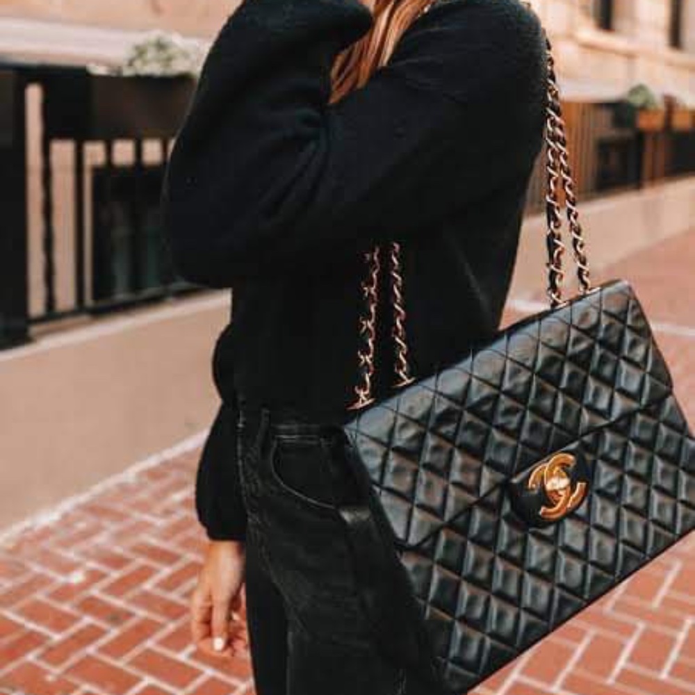 Chanel Black Quilted Lambskin Jumbo XL Vintage Classic Flap Bag